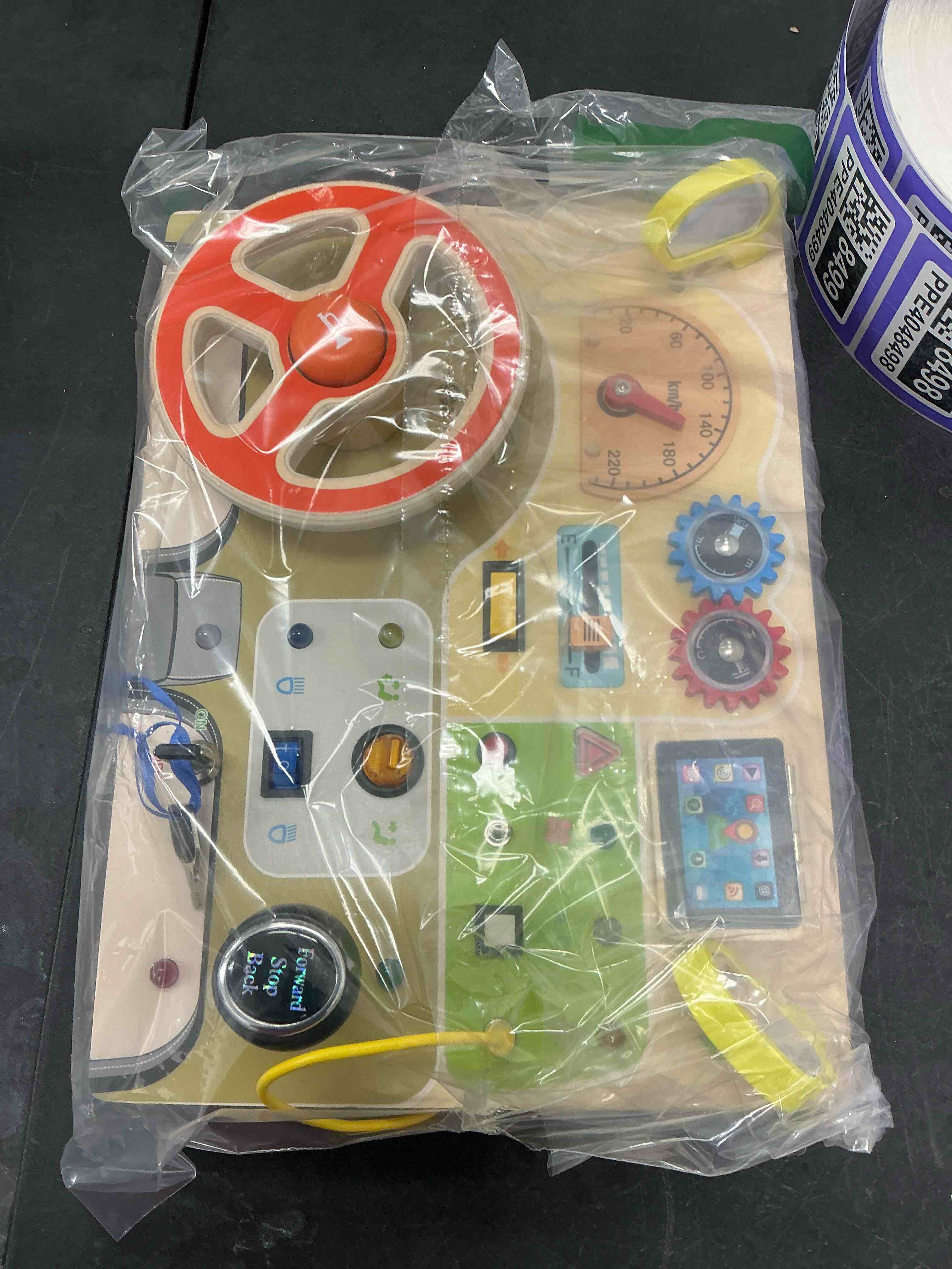 Condition photo showing Good Condition for Montessori Toddler Toys - Baby Wooden Busy Board - Sensory Toys with Light Switch - Travel Toys for Educational Toddler Activities for Toddlers 1 2 3 4+ Year Old steering wheel busy board