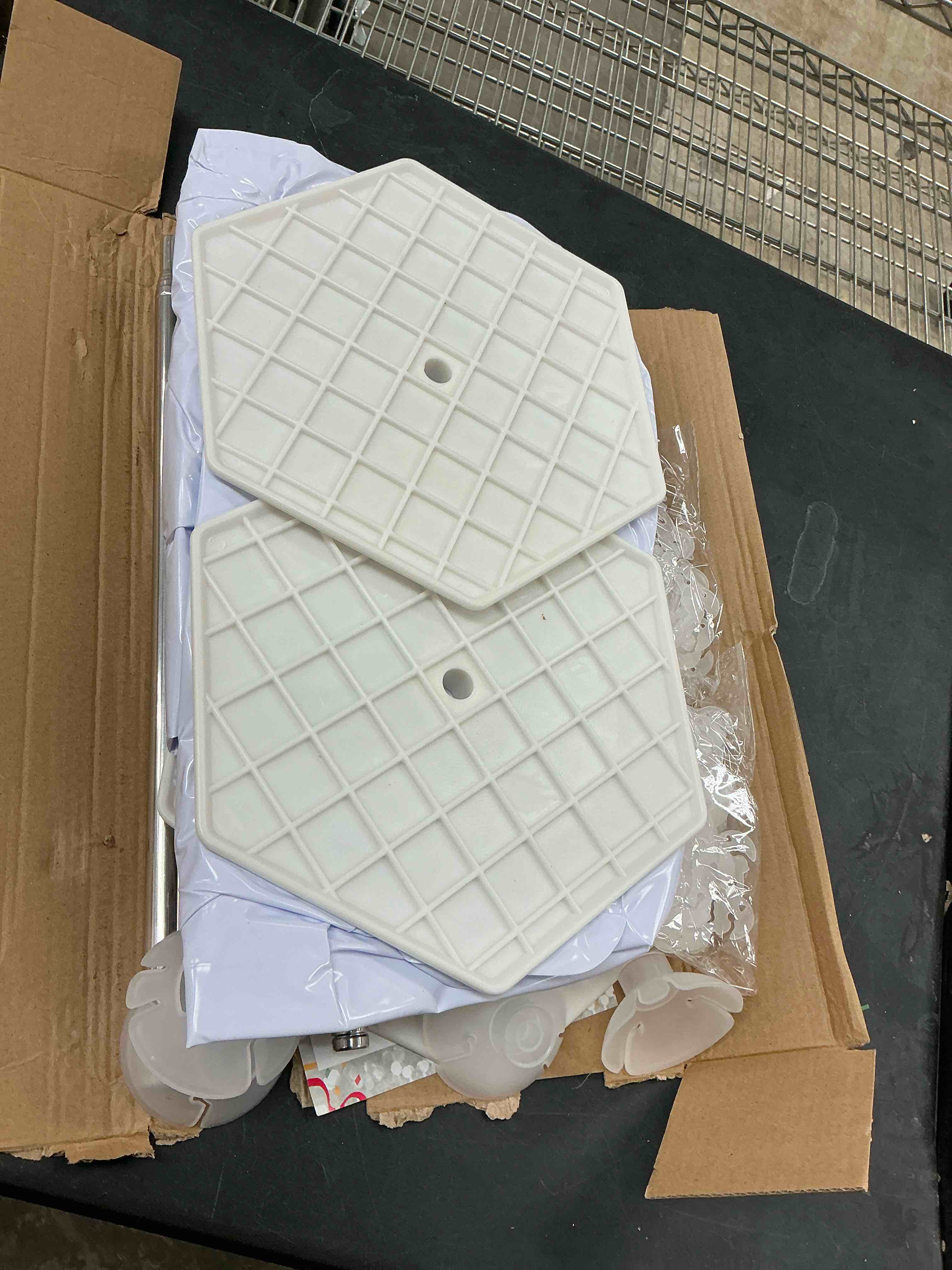 Condition photo showing As Is for Balloon Arch Stand, Balloon Stand Set of 6, 7 Feet Height Adjustable Metal Balloon Column Stand for Party Decorations Wedding Birthday, Graduation Party Decoration, Baby Shower Silver 6pcs