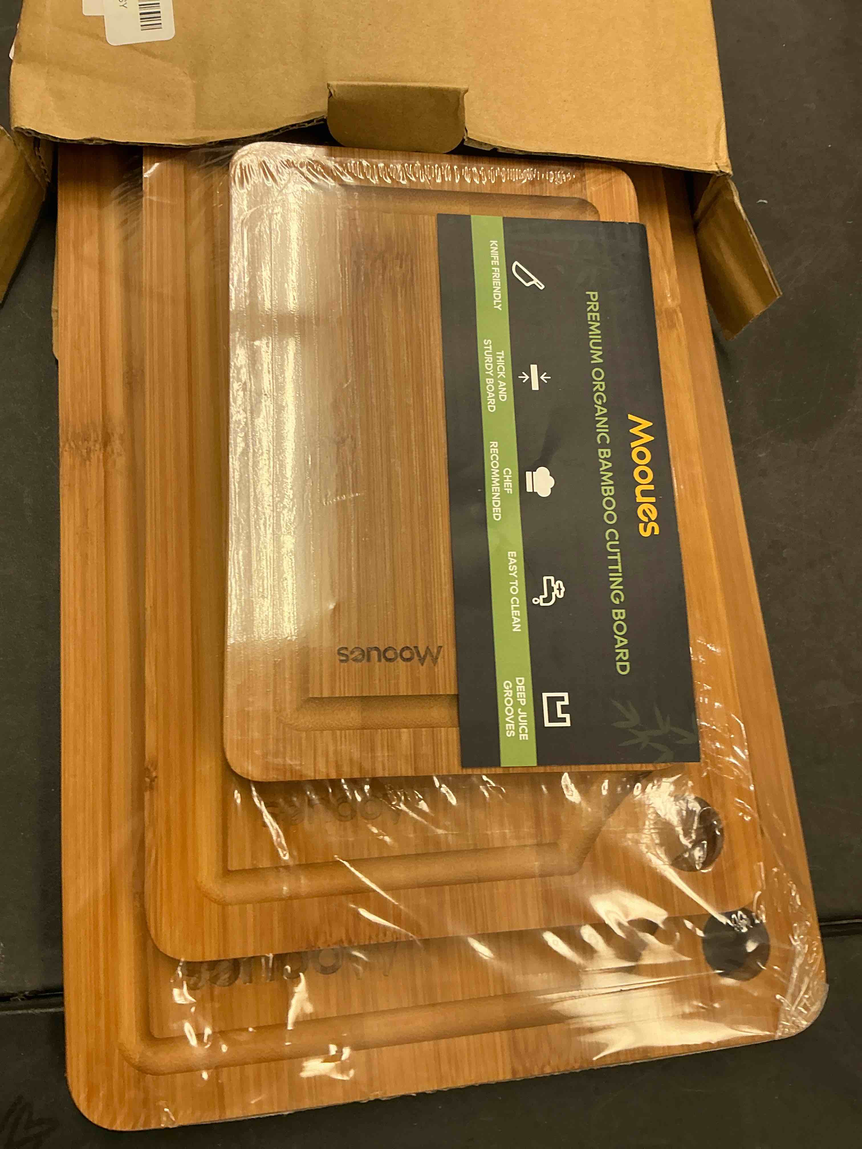 Condition photo showing New/Like New for Bamboo Cutting Board for Kitchen, Knife-Friendly Wooden Cutting Boards Set 3-Piece with Juice Groove, Durable Chopping Boards for Meat, Vegetables, Fruits, Cheese – Multi-Purpose, Kitchen Gifts Brown 3-piece