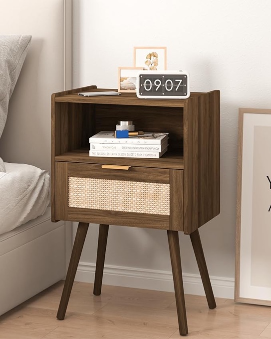 rattan nightstand,modern bedside table with storage drawer and open wood shelf, for living room, bedroom and small spaces, accent night stand with solid wood legs, easy assembly,(oak)