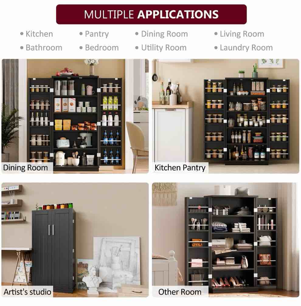 Condition photo showing As Is for Walsunny Pantry Food Storage Cabinet 47" Free Standing Craft Cupboard with Doors Adjustable Shelves for Kitchen Entryway Dining Room Bathroom Black