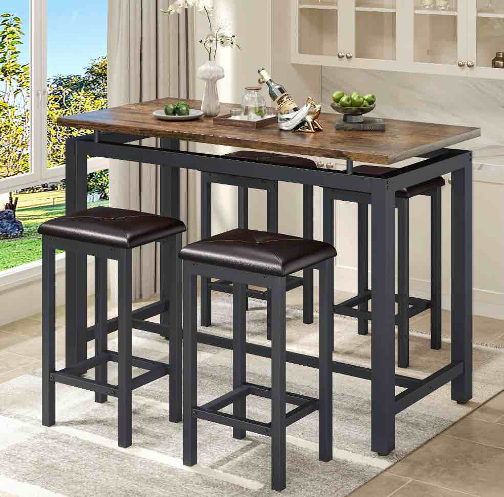 Counter Height Table Set of 5, Breakfast Bar Table and Stool Set, Minimalist Dining Table with Backless Stools, Wood Top Pub Table & Chair Set for Kitchen Apartment Bistro - Space Saving, B958