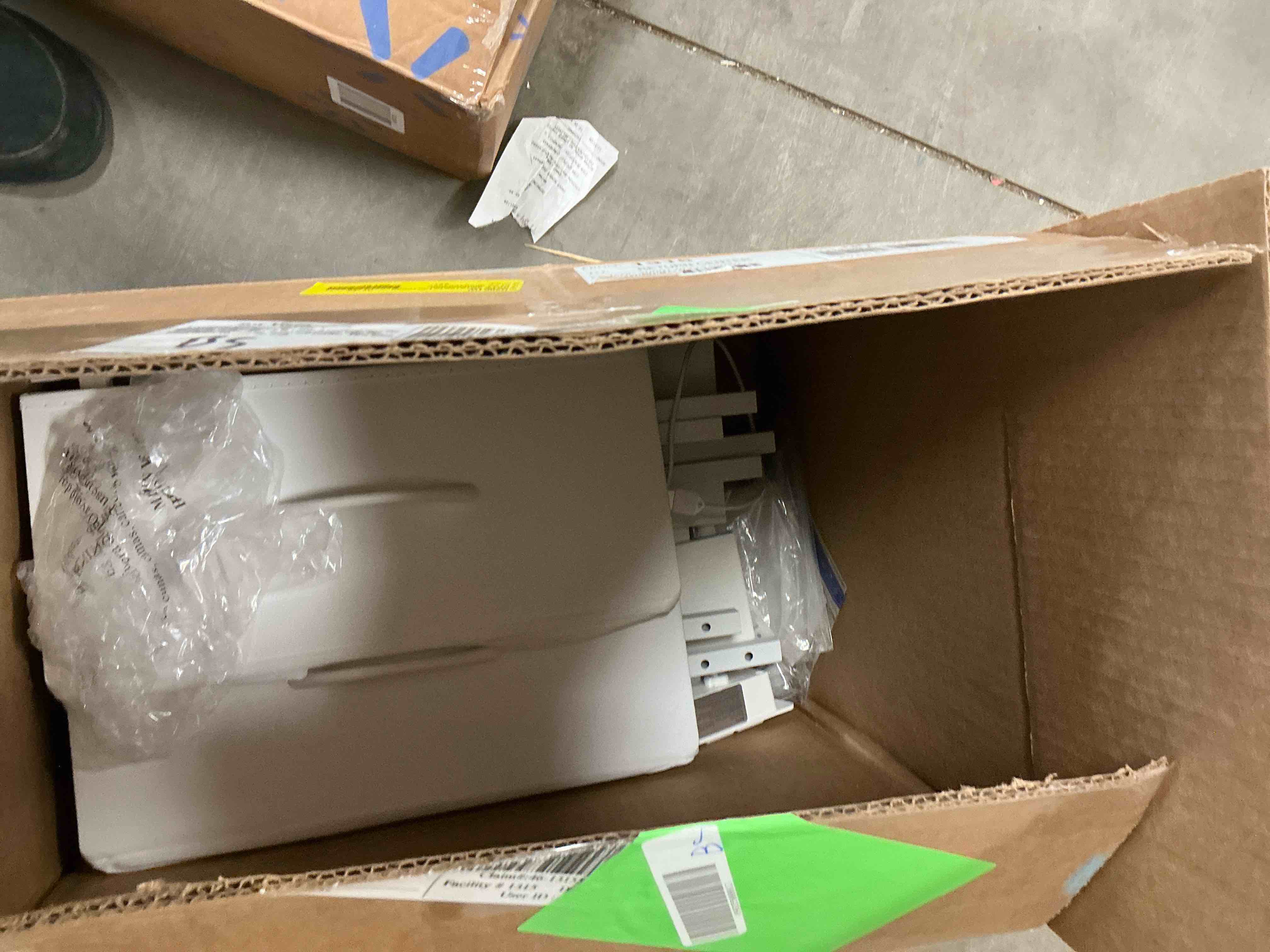 Condition photo showing As Is for Satifur Tall LED Nightstand,Bedside Table with Charging Station,2 Fabric Drawers & Shelfs for Bedroom Living Room,White