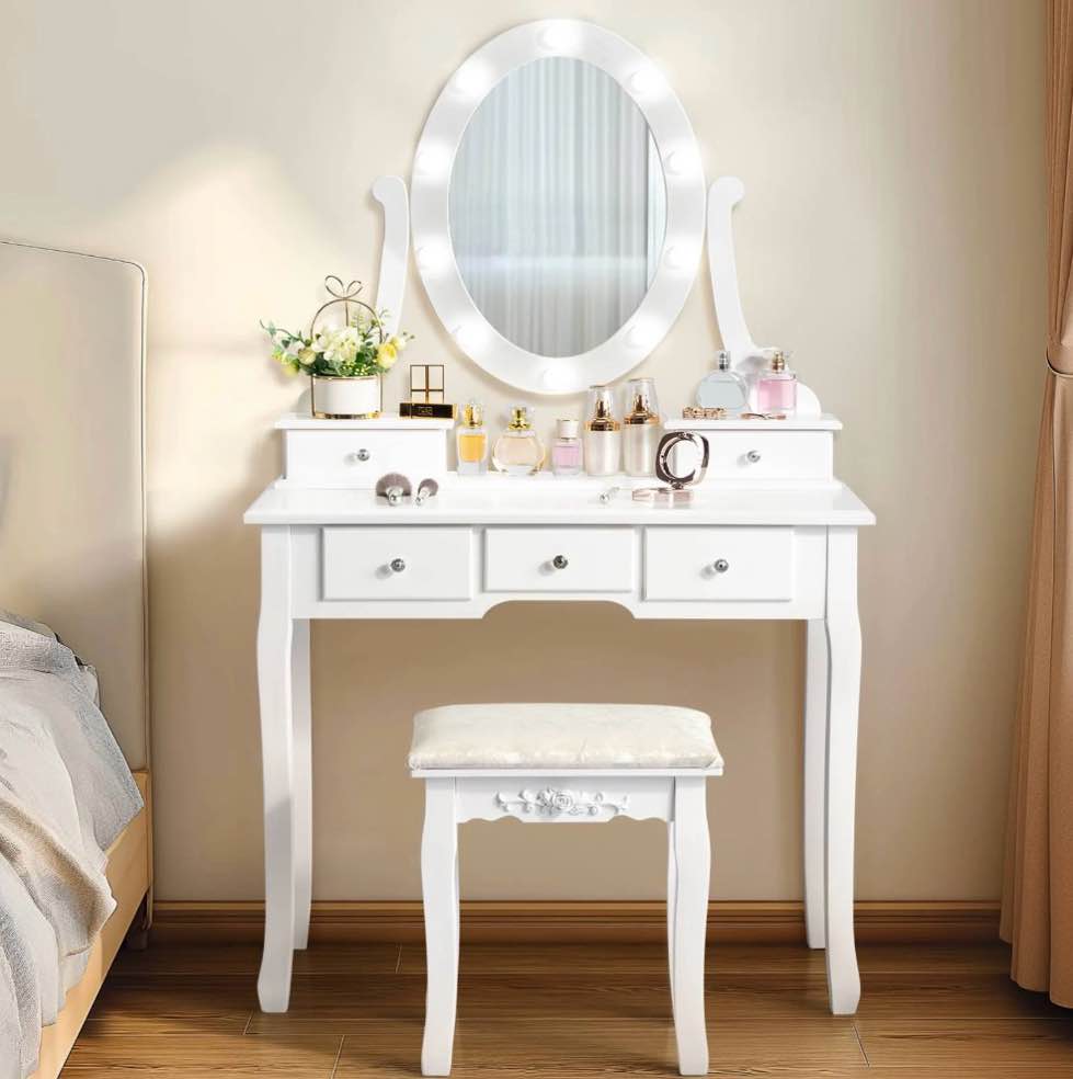 Ktaxon Vanity Table 10 LED Lights  5 Drawers Makeup Dressing Desk with Cushioned Stool Set Bedroom Vanities Set White