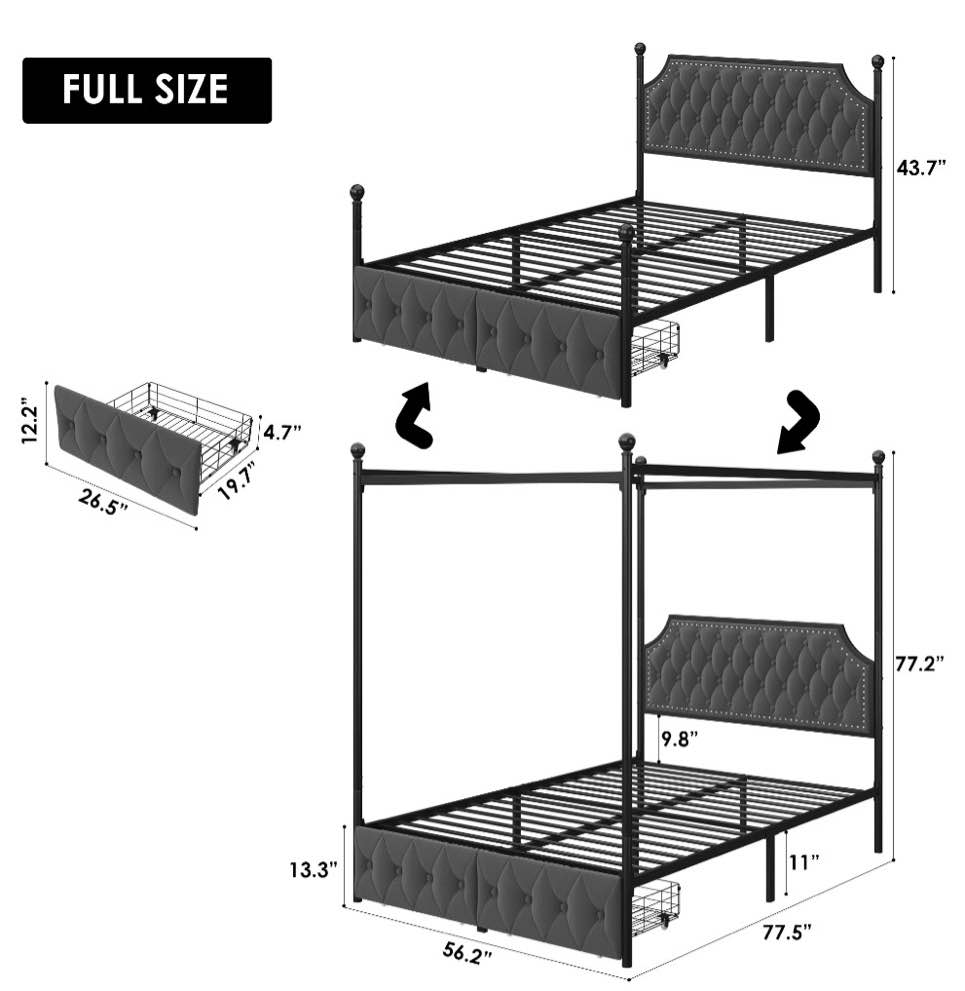 Condition photo showing New/Like New for Homfa Queen Canopy Bed Frame with Drawers, Modern Platform Bed with Button Tufted Upholstered Headboard, Canopy Bed Curtain Not Included, Dark Gray