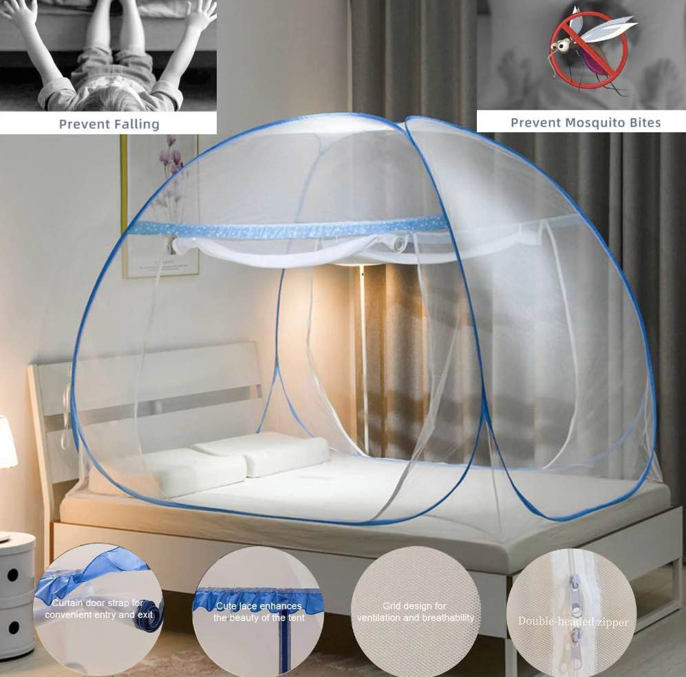 Pop Up Bed Net Tent for Bedroom with Net Bottom, Portable Double Door Travel Folding Design Bed Canopy, Foldable (78x71x57 inch-Blue)
