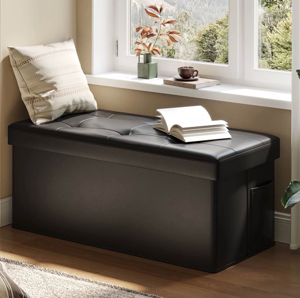 Pinmoco 30" Storage Ottoman Bench Folding Leather Bedroom Storage Bench with Side Pocket for Entryway Living Room, Black
