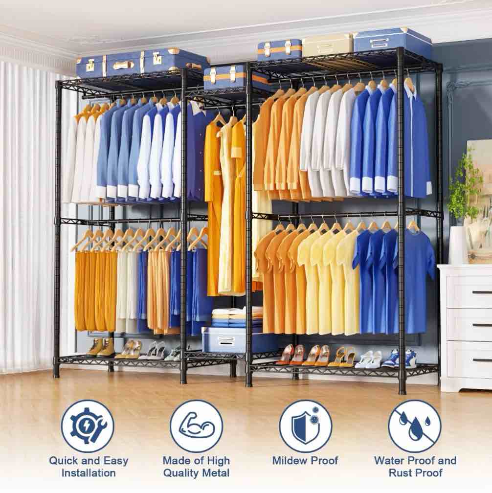 Condition photo showing Good Condition for Ulif E12 Clothes Rack,Heavy Duty Freestanding Garment Rack with Shelves,Metal Clothing Closet Storage System for Hanging Clothes?71" W x 16" D x 76.5" H, Hold 960 lbs?Black