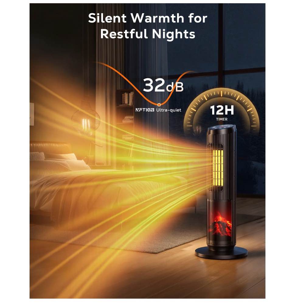 Condition photo showing Good Condition for NFTIGB Space Heater, 1500W Quiet Oscillating Ceramic Heater for Large Room, PTC Electric Heater with Realistic 3D Flame Effect, Remote Control, Thermostat, for Office, Bedroom, Indoor Use