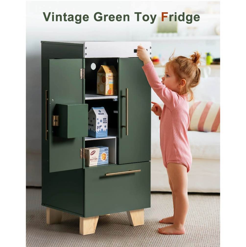 Condition photo showing As Is for Robud Toddler Fake Food Playset: Green Wooden Toy Fridge, Interactive Kitchen Set for Kids 3+