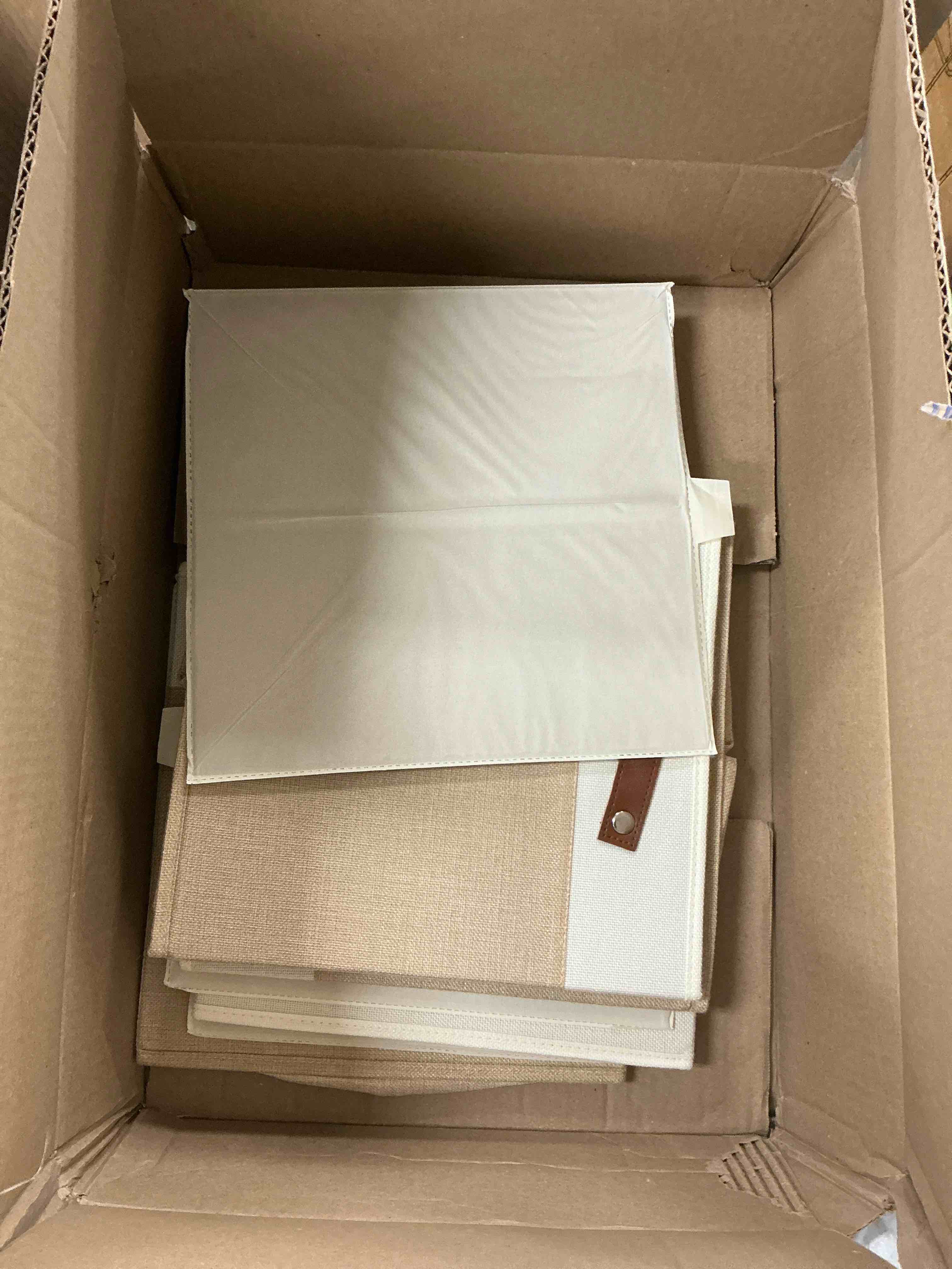Condition photo showing Good Condition for ENLOY Fabric Cube Storage Organizer Bins  13x13 Inch - 4 Pack Foldable Storage Cube Bins for Shelves  Large Capacity Storage Boxes for Organizing Closet Shelf with Leather Handle(White&Beige)
