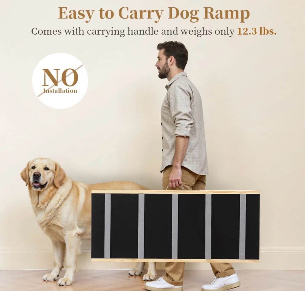 Condition photo showing Good Condition for DOMIPET 17" Extra Wide Dog Ramp for Couch Bed Car, Adjustable Height Wooden Pet Ramp for Dogs Cats, Stable Foldable Pet Steps (Supports up to 200LBS)