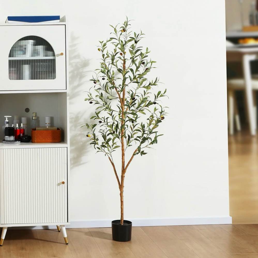 2 Pack 5 ft Artificial Olive Plants with Realistic Leaves and Natural Trunk, Silk Fake Olive Tree in Black Plastic Pot, Faux Olive Tree for Office Home