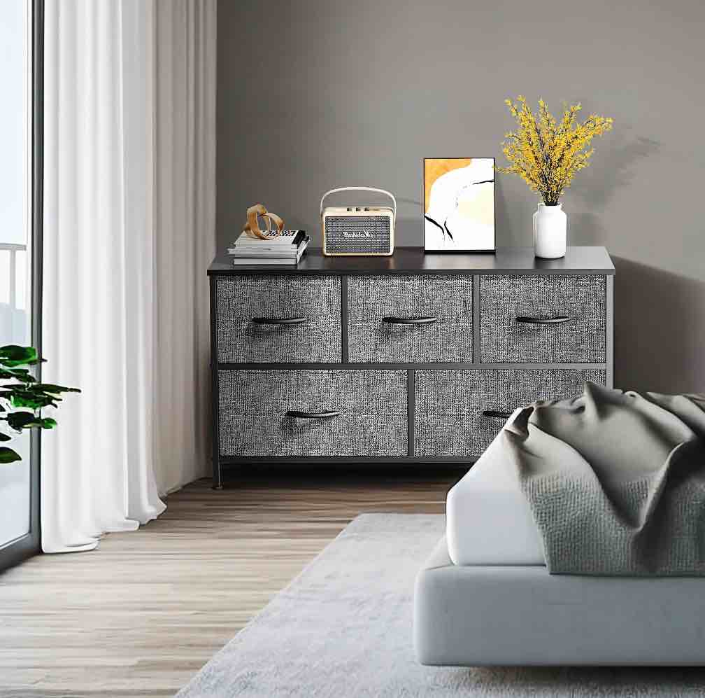 Condition photo showing New/Like New for EDX 5 Drawer Dresser, Wide Chest of Drawers Nightstand Storage Tower Storage Fabric Dresser with Wood Top for Living Room, Bedroom, Hallway, Grey