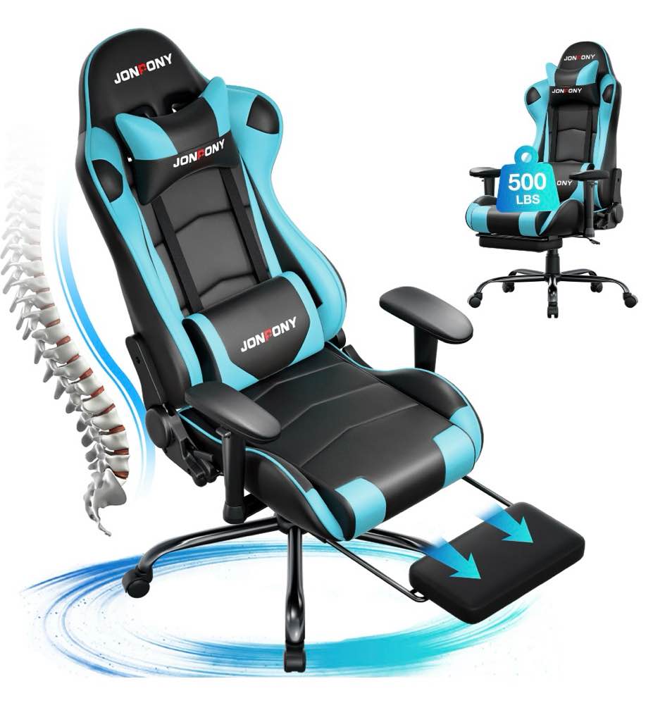 JONPONY Big and Tall 500LBS Gaming Chair, Ergonomic Design, Gamer Chair PU Leather with Footrest and Lumbar Support, High Back Office Chair Support 8 Hours Long Sitting,Blue Computer Chair,Blue