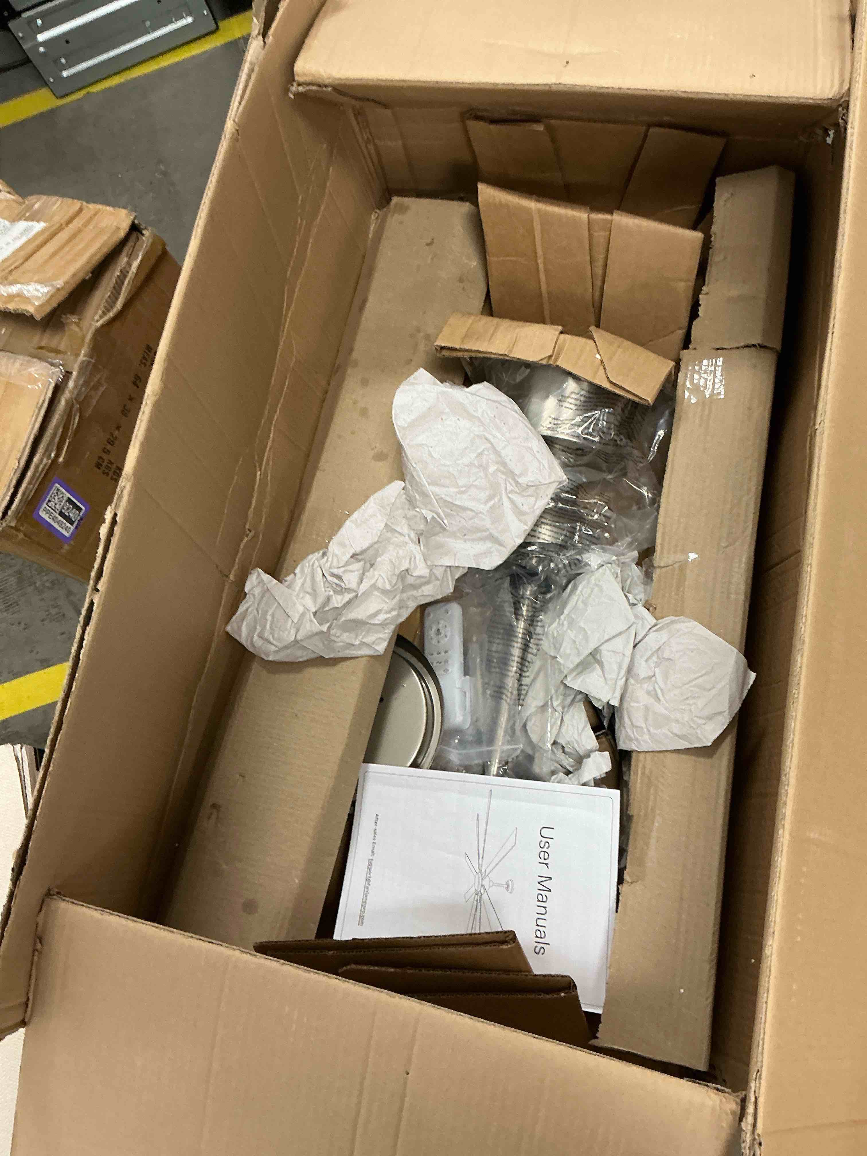 Condition photo showing As Is for Zardon 72 inch Modern Ceiling Fan with Light and Remote Control, Large Ceiling Fan with Quiet DC Motor, 6 Speeds, 8 Reversible Blades for Indoor Outdoor Space- Nickel