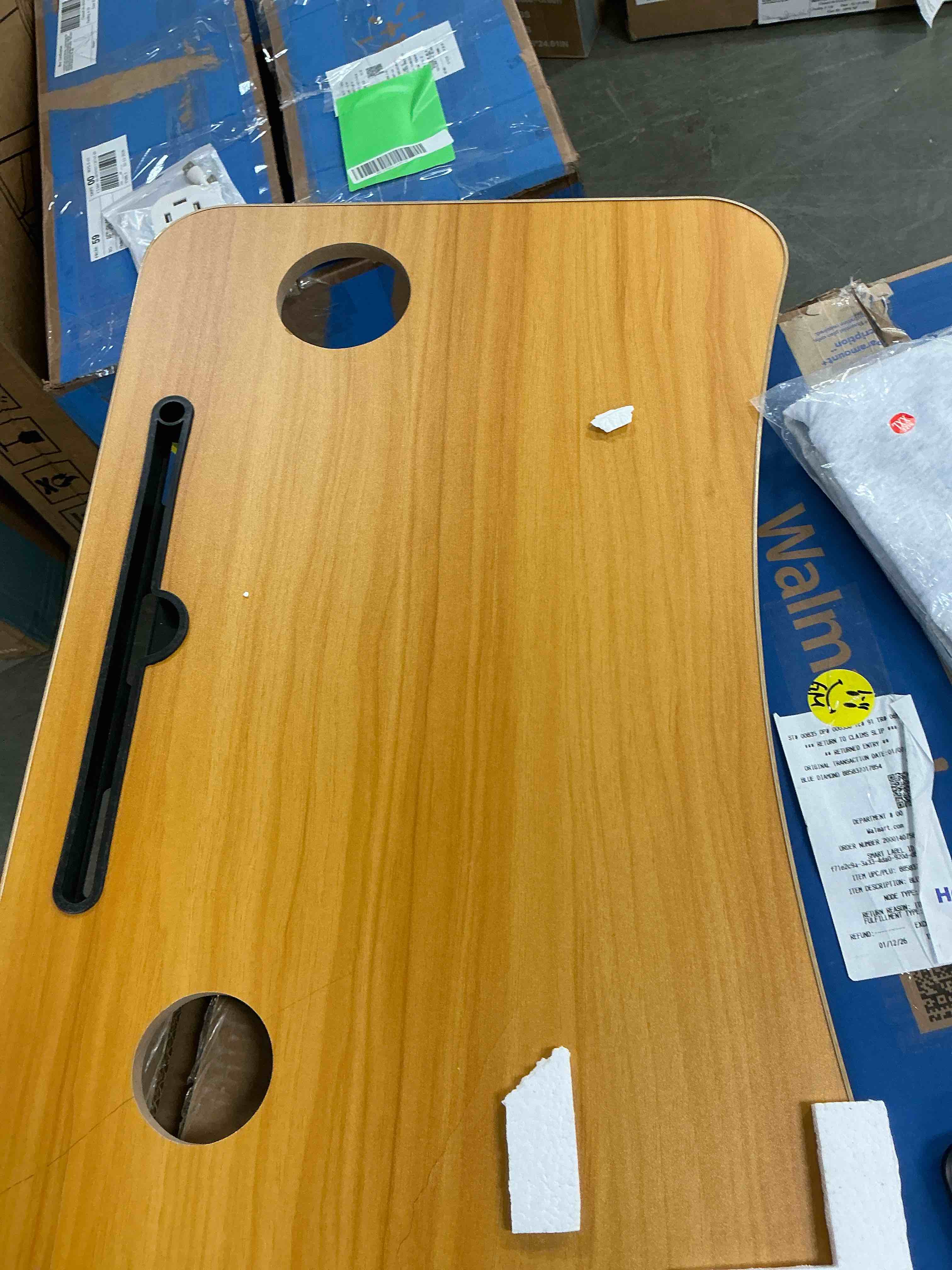 Condition photo showing As Is for Foldable Lap Desk for Bed, HONEIER Bed Tray Table with 4 USB Ports, Holder Slots, Cup Holder, Drawer, Laptop Desk Table with Mini Lamp, Fan, Wood Portable Table Stand for Laptop Tablet