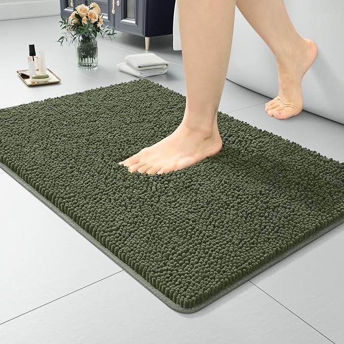 Softlife Luxury Soft Bathroom Non-Slip Rug Shaggy Bath Mat,24"x17",Olive Green