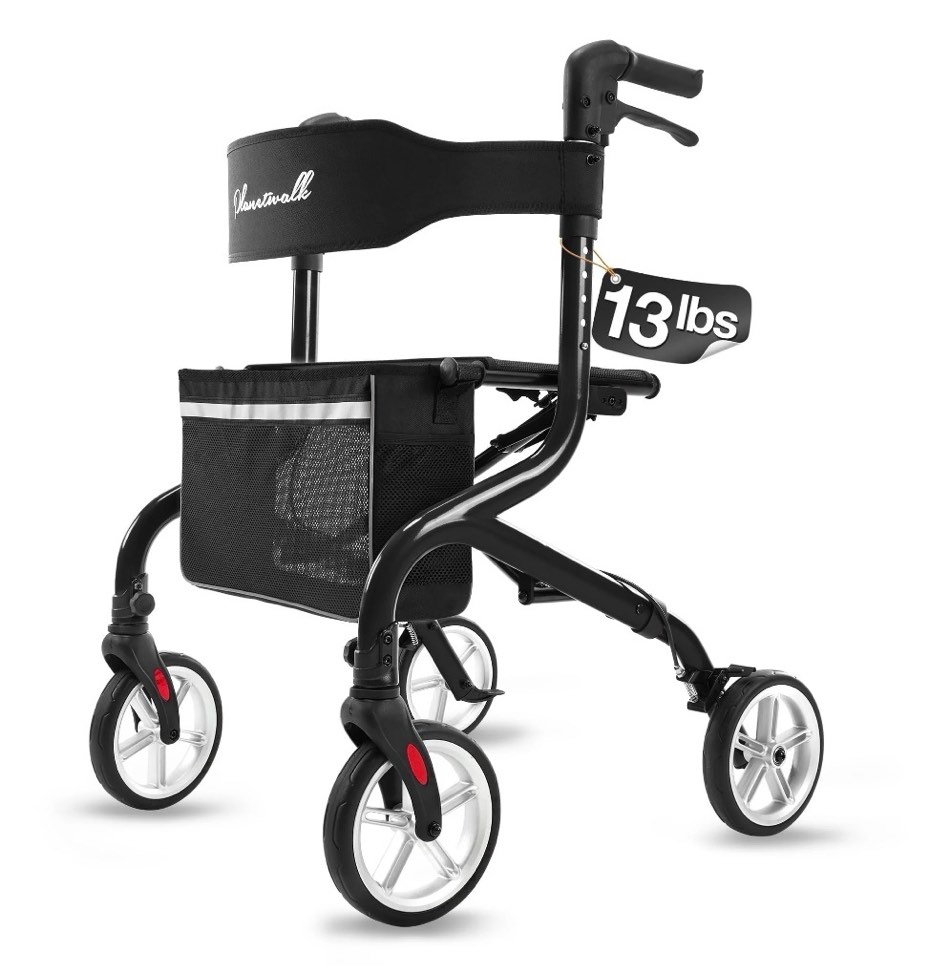 PLANET WALK Super Lightweight Rollator for Seniors, Foldable with Seat & 8" All-Terrain Wheels, Durable Aluminum Frame for Travel - Black