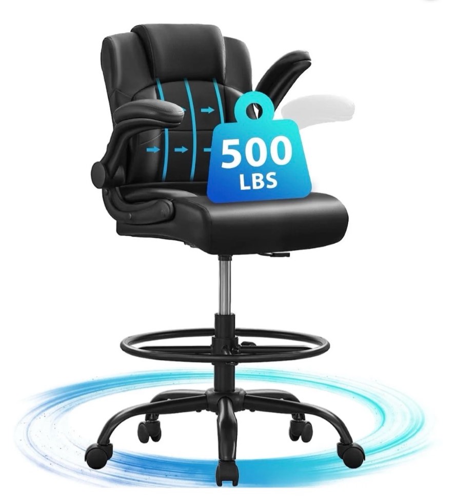 JONPONY 500 lbs Tall Office Chair with Flip-up Armrests for Standing Desk Executive Ergonomic Computer Leather Desk Chair with Lumbar Support, Adjustable Foot Ring for Home,Black