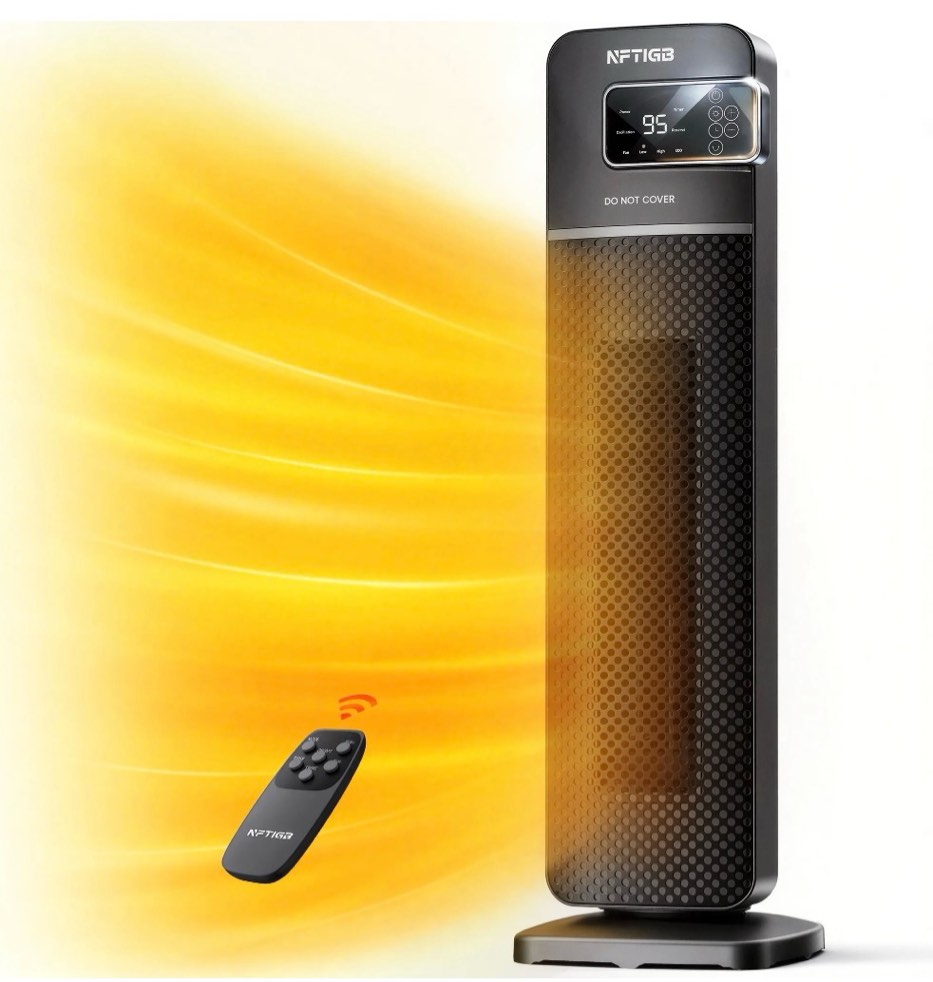 NFTIGB 24" Tower Heater, 1500W PTC Ceramic Electric Space Heater with Digital Thermostat, Remote, 70° Oscillation, ECO Mode and Safety Tip-Over Protection, Gray