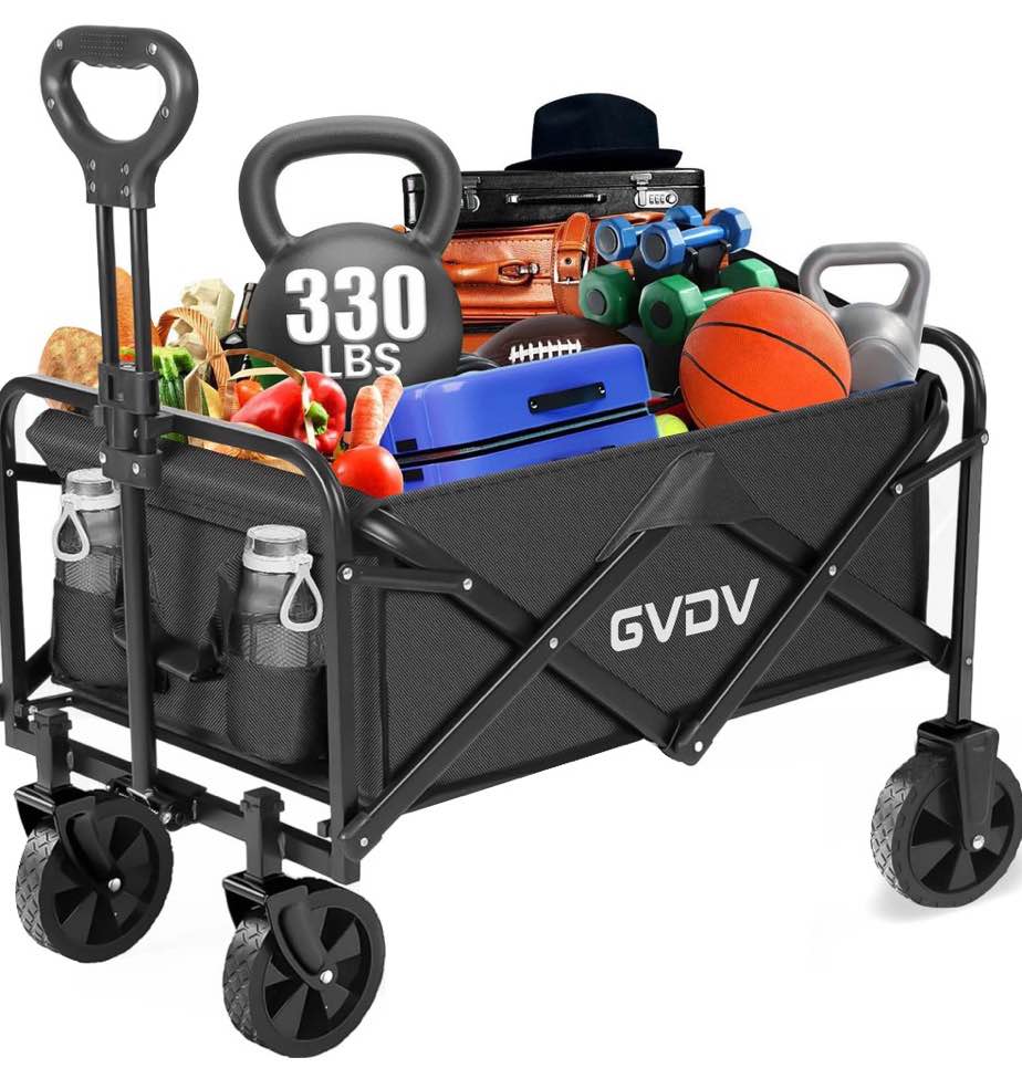 GVDV Collapsible Wagon Cart, Portable Utility Wagon for Camping, Beach, Picnic, Shopping, Sports, and Grocery Transport, Black