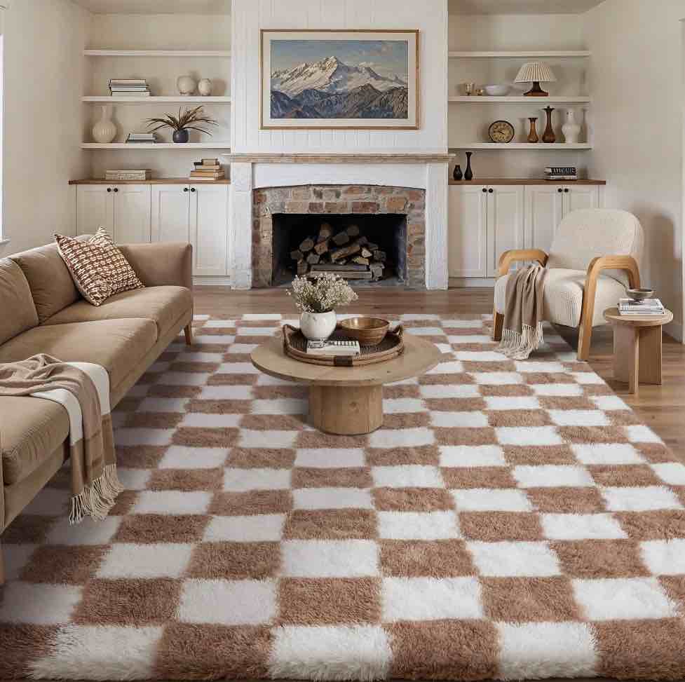 BERTHMEER 8 x10  Area Rugs for Living Room Bedroom Checkered Fluffy Shag Modern Contemporary Plush Fuzzy Geometric Soft Carpet Rugs  Brown