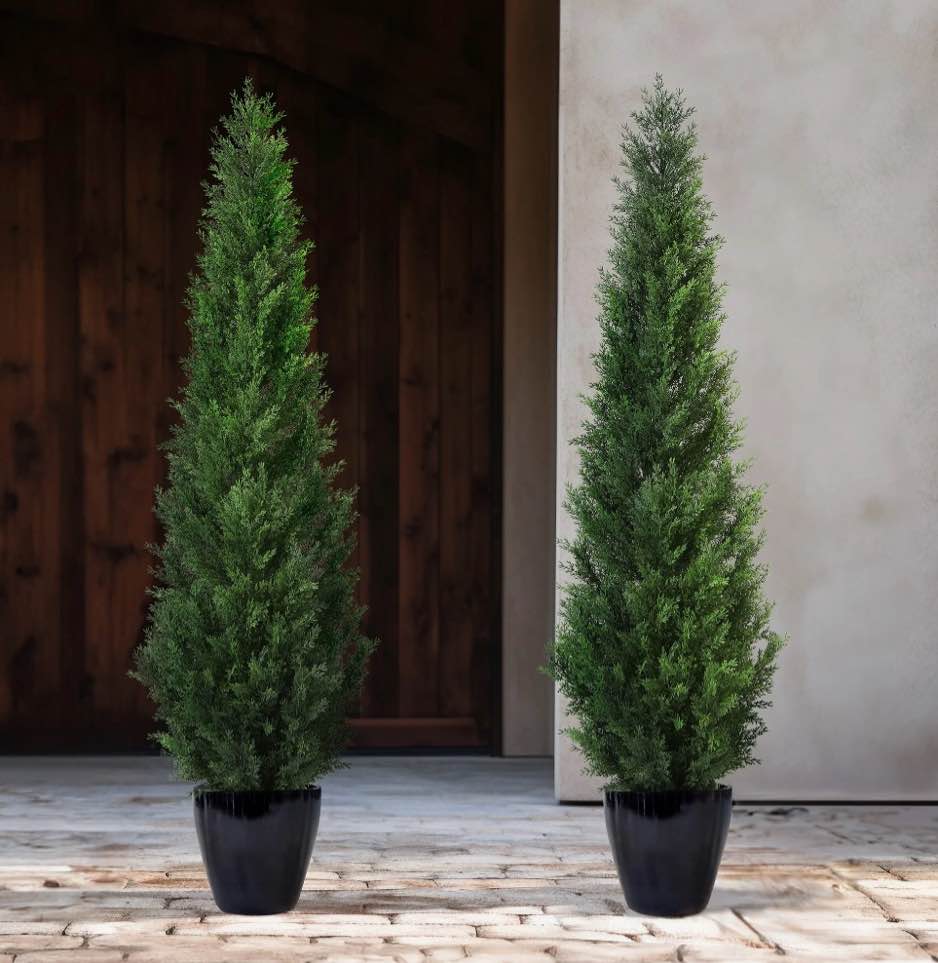 Artificial Cedar Tree 5 FT Artificial Cedar Topiary Trees for Outdoors Potted Fake Cypress Trees Faux Evergreen Plants for Home Porch Decor Set of 2