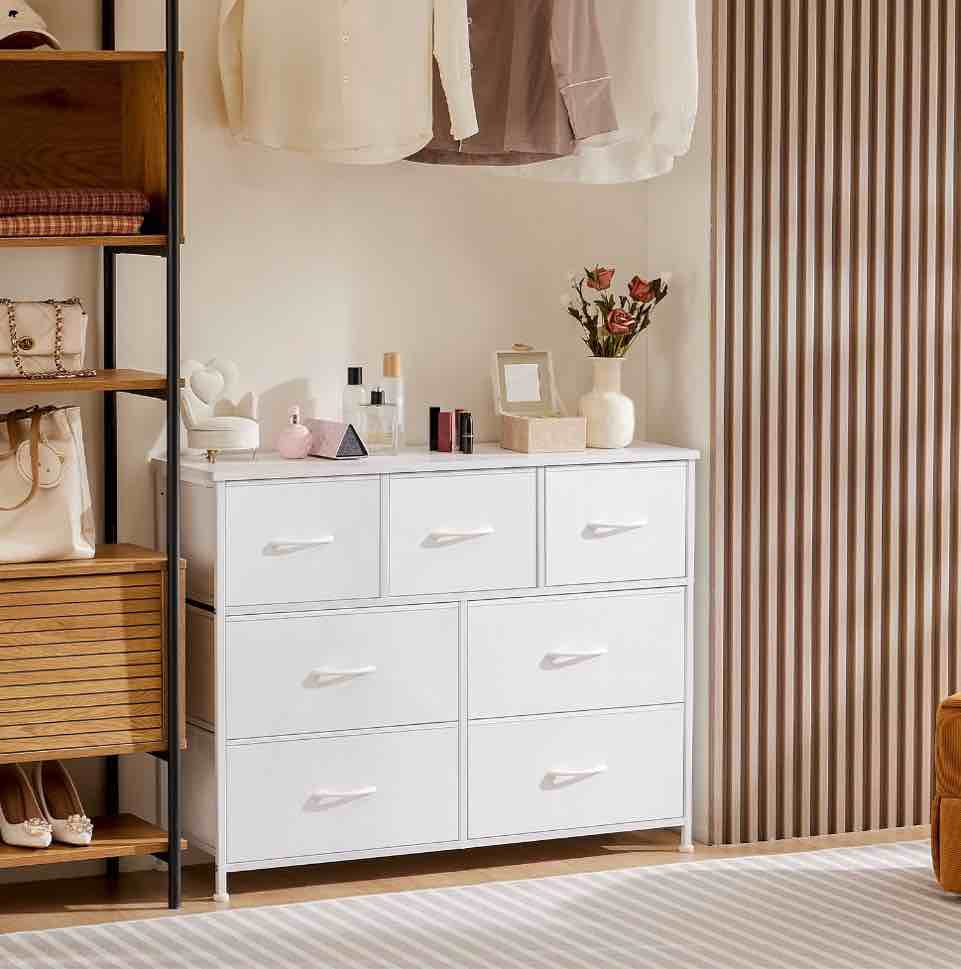CONCETTA 7-Drawer Fabric Dresser Storage Chest for Bedroom, Closet, Storage Furniture for Adults, White