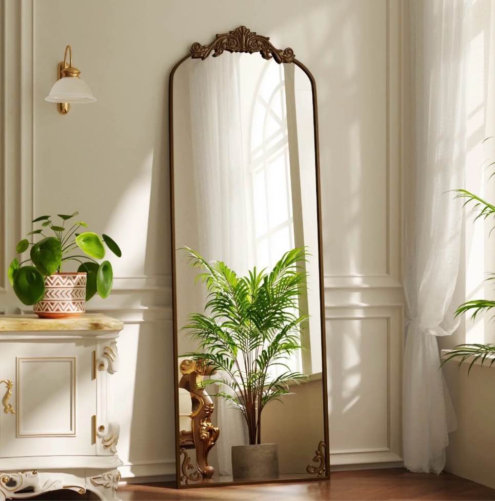 BEAUTYPEAK 66"x21" Arched Full Length Mirror Metal Vintage Mirror Baroque Style,Antique Bronze