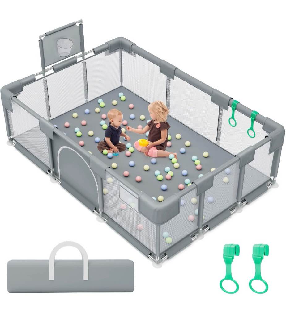 babyeap Baby Playpen,73 Inch Extra Large Baby Playard,Playpen for Babies and Toddlers With Basketball Hoop,Children Kids Play Fence for Indoors Outdoors,Gray