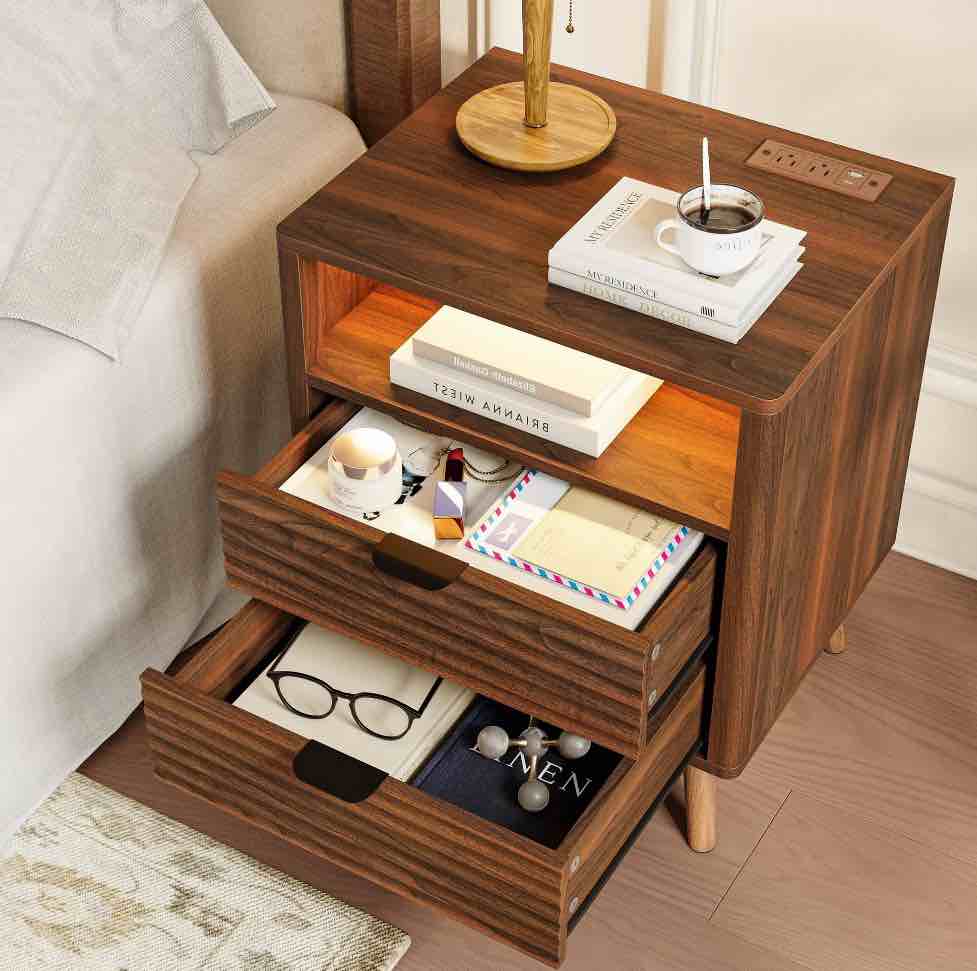 Condition photo showing New/Like New for GUNAITO Fluted Nightstand Set of 2 for Bedroom with Charging Station Bedside Table with LED Light Wood Nightstand with Open Shelf and 2 Drawers Walnut