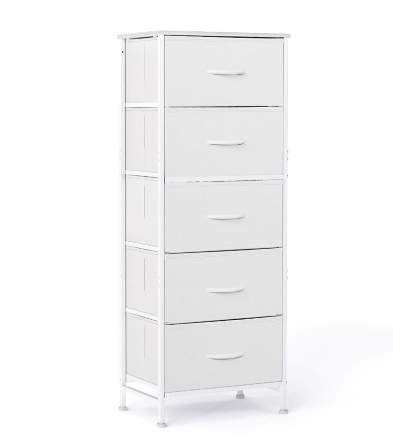Condition photo showing New/Like New for EDX 5 Fabric Dresser with 5 Storage Drawers, TV Stand with Wooden Top Metal Frame for Clothes, Living Room, Hallway, Entryway, White