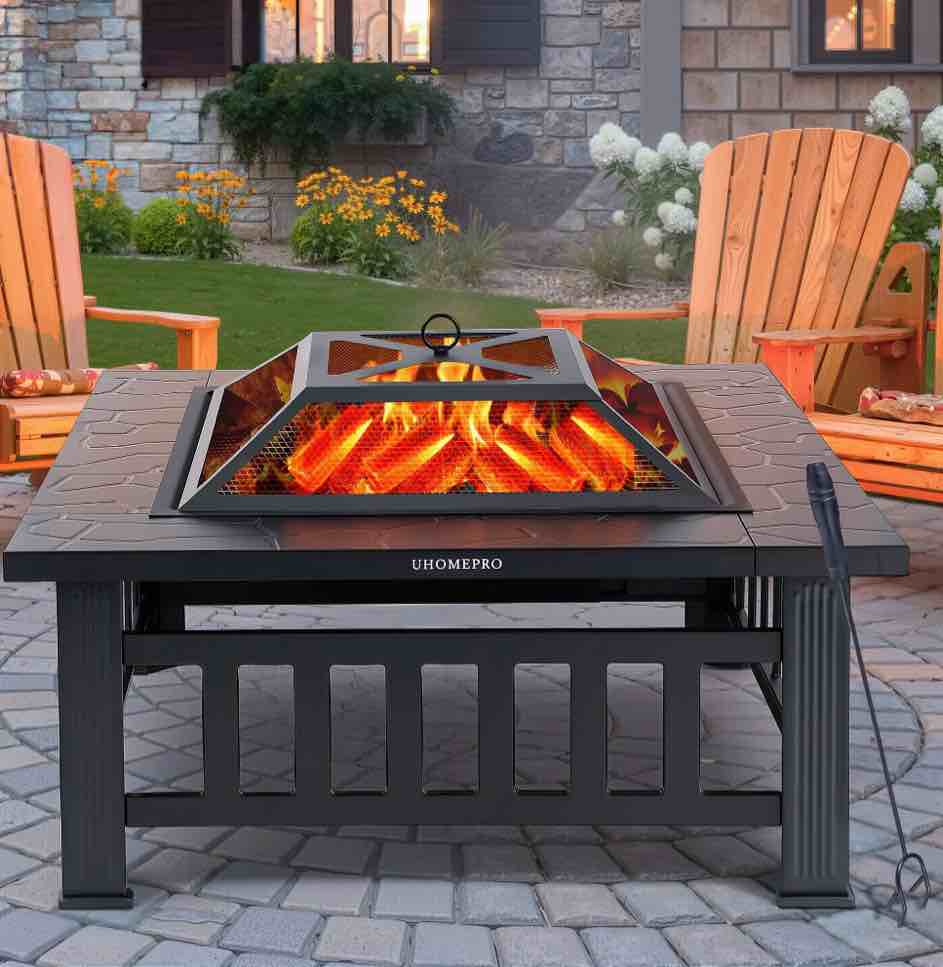 Fire Pits for Outside, 32" Wood Burning Fire Pit Tables with Screen Lid, Poker, BBQ Net, Ice Tray, Food Clip and Cover, Backyard Patio Garden Outdoor Fire Pit/Ice Pit/BBQ Fire Pit, Black