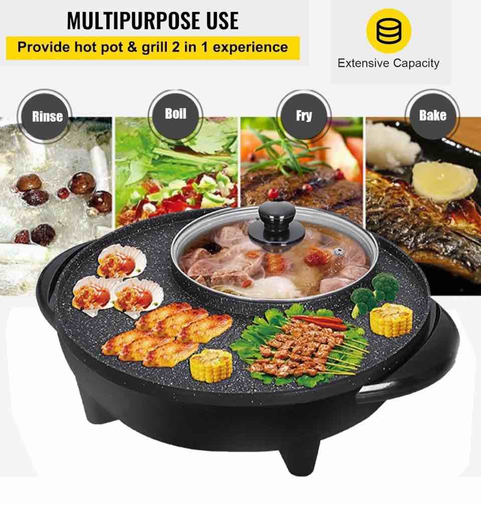 electric hot pot and grill combo, 110v hot pot with grill 2 in 1, multifunctional smokeless korean barbecue grill, capacity for 3-5 people, suitable for korean bbq, shabu and soup