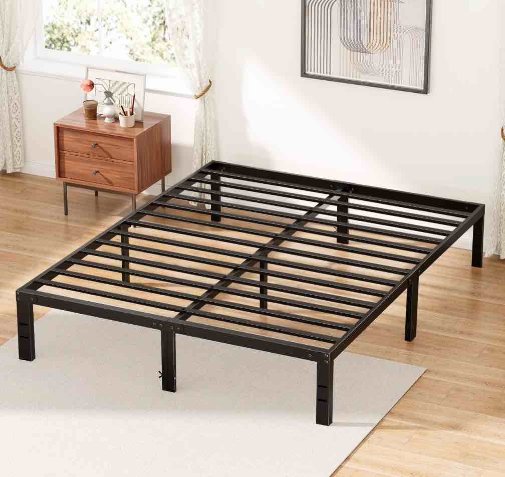 zunmos 14 inches queen bed frame, heavy duty metal platform with storage space under frame, no box spring needed queen size bed frame, black