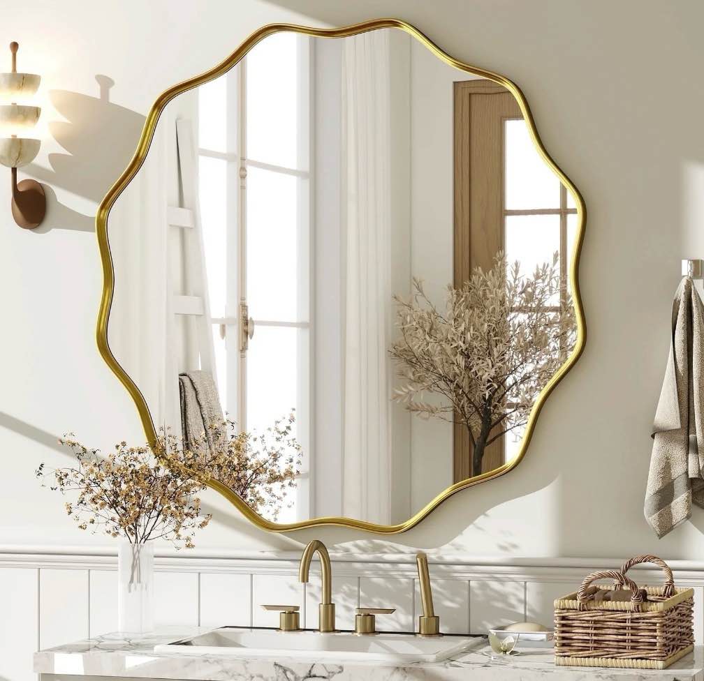 beautypeak 24" wavy round bathroom mirror wall decor with deep frame, gold