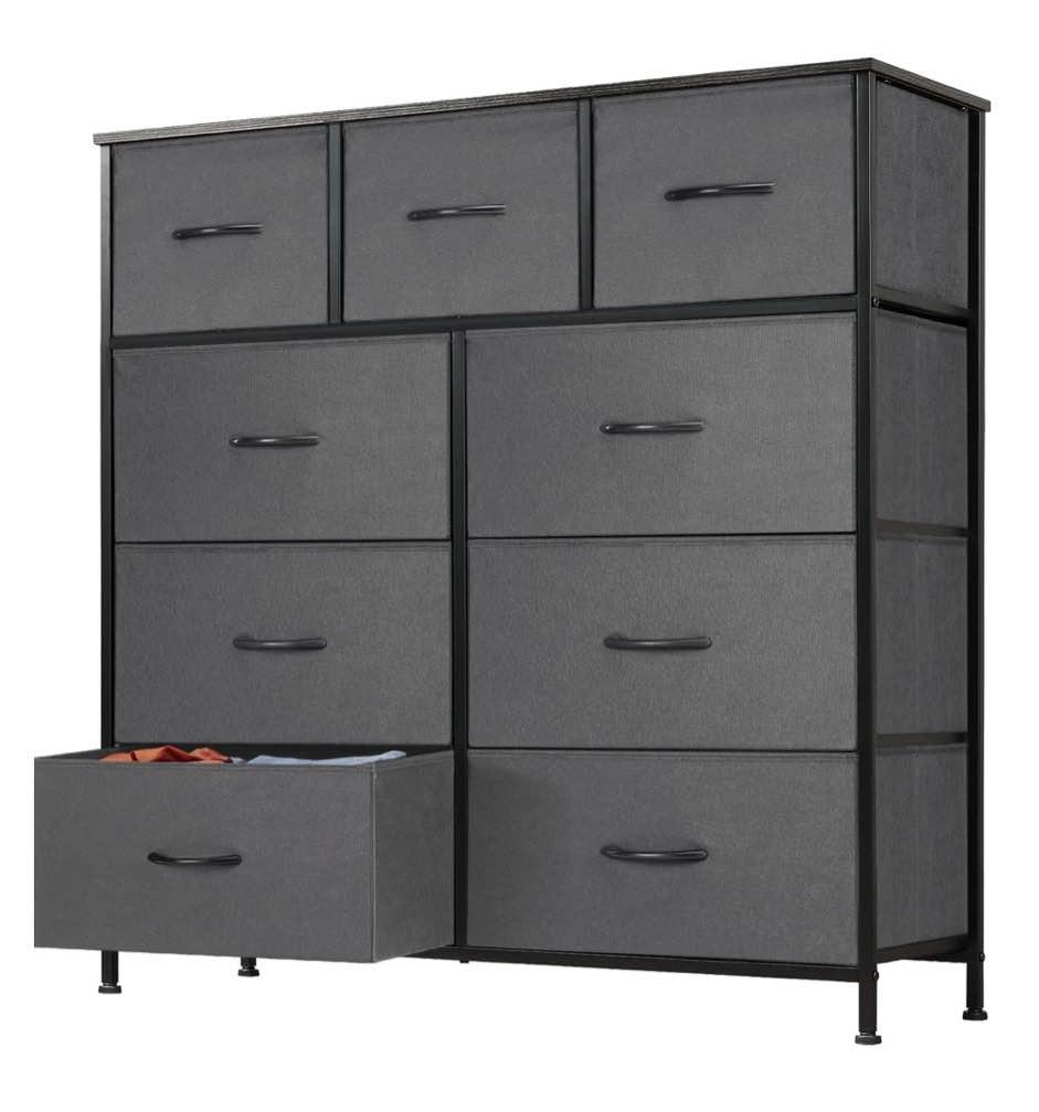 edx 9 drawer dresser, wide chest of drawers nightstand storage tower storage fabric dresser with wood top for living room, bedroom, hallway,grey