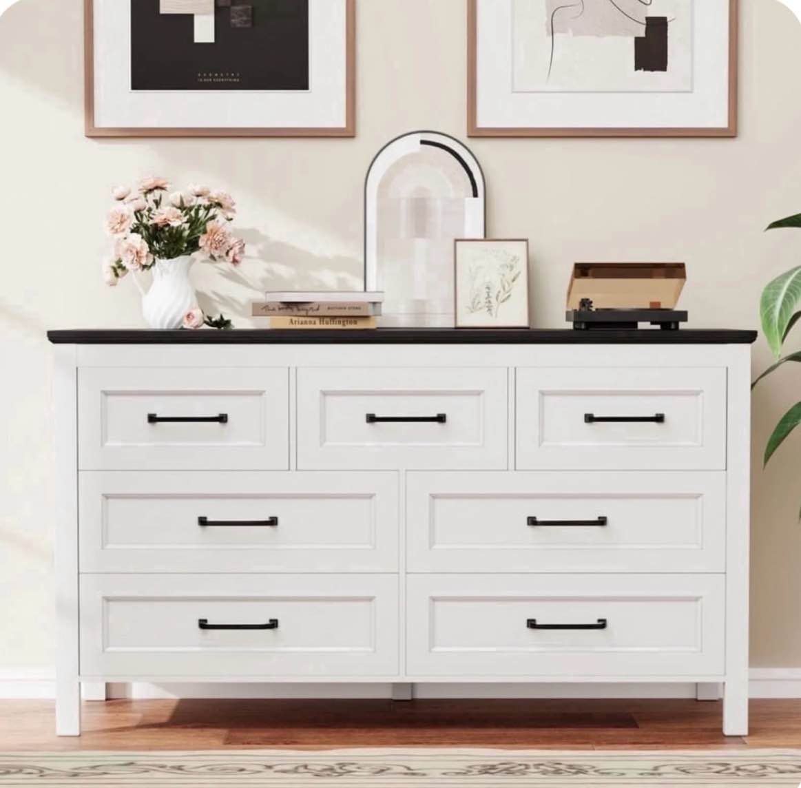 homall 7-drawer wood dresser for bedroom, large storage cabinet with anti-tip safety and modern arch design, classified storage organizer chest for living room, hallway, black and white