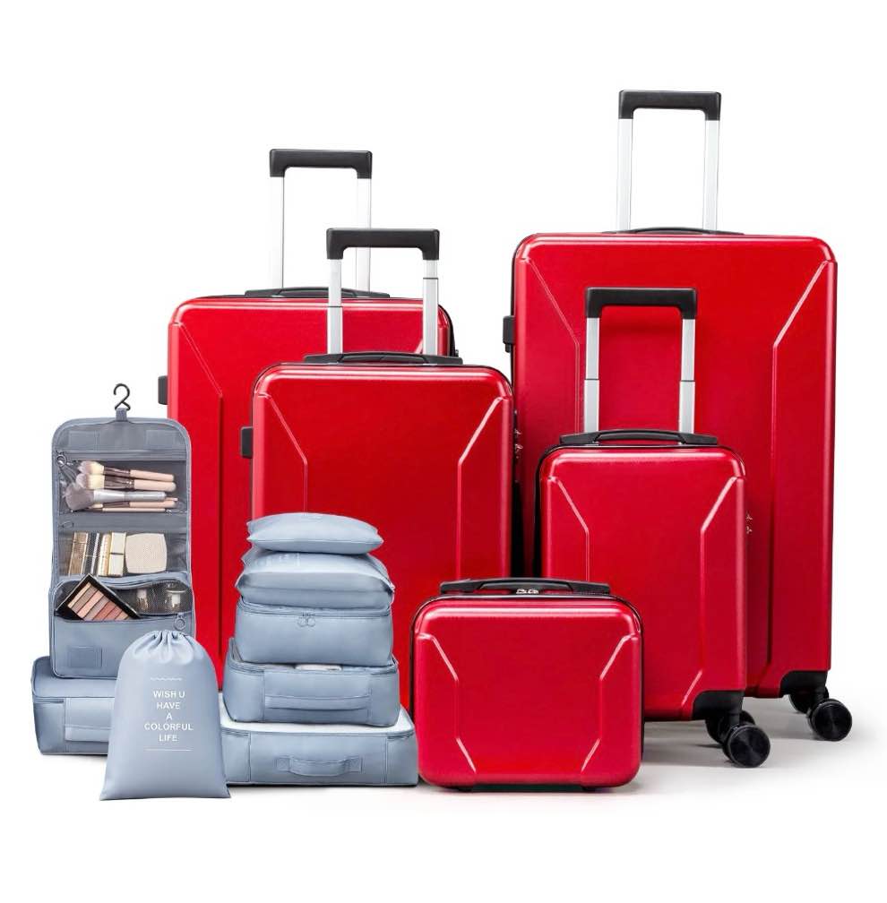 zimtown 5-piece luggage set with 8 packing cubes, hard shell suitcase set with spinner wheels built-in tsa lock, red