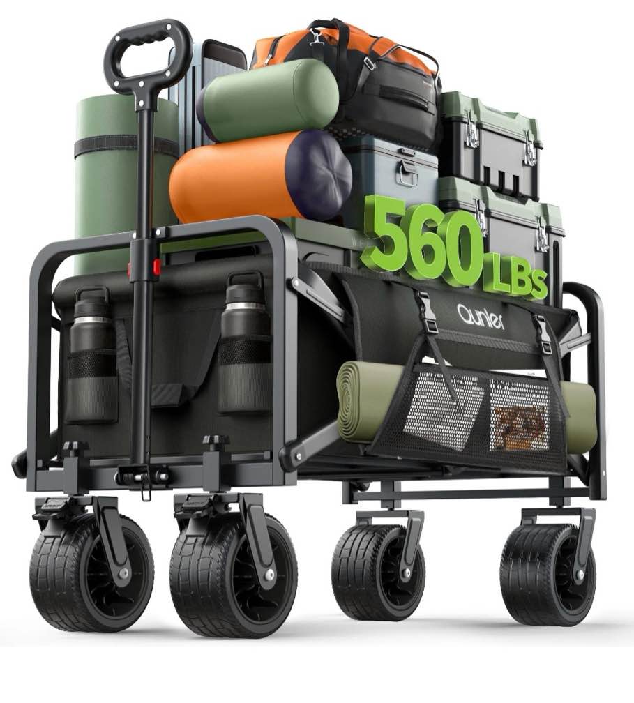 qunler 560lbs large collapsible folding wagon with oversized tank wheels, heavy duty big bucket utility garden cart with side pocket for sports, shopping, camping, kids, black