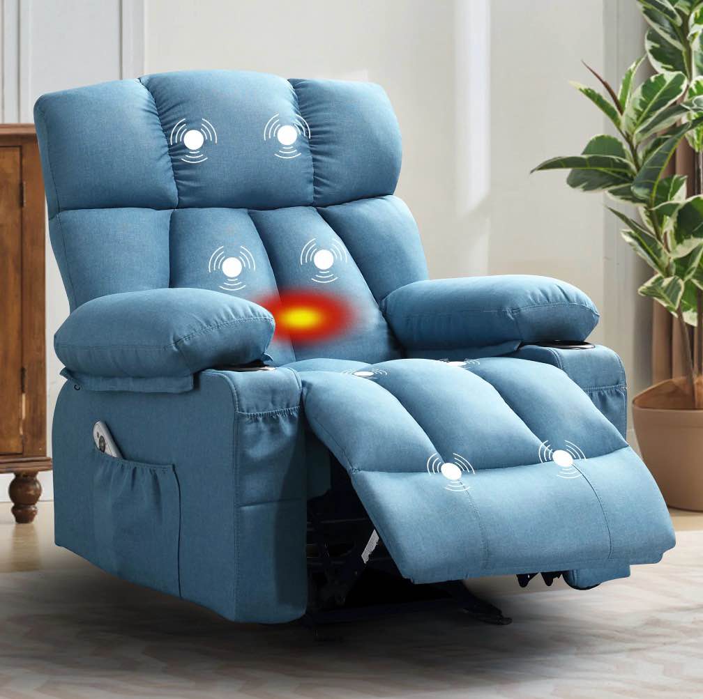 jonpony manual recliner chair with heat therapy and massage function, heavy duty reclining mechanism massage chair, elderly single rocker sofa with cup holders for bedroom home theater,ligth blue