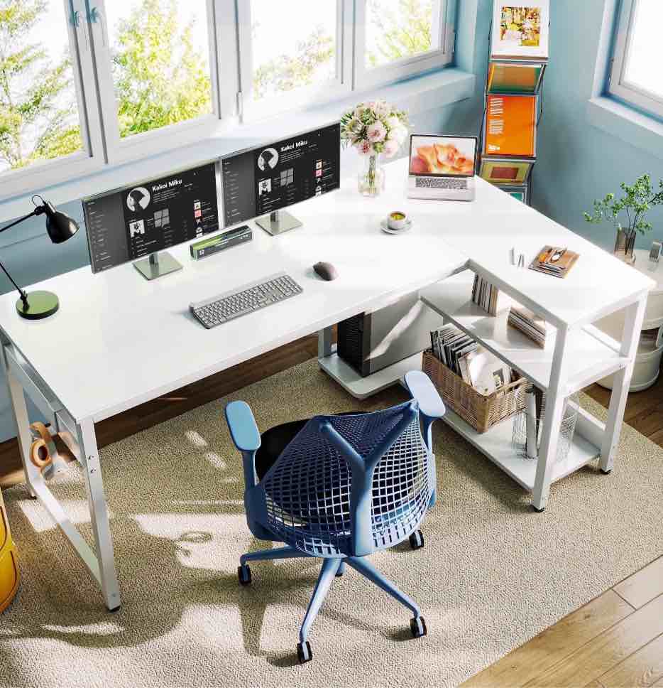 casacomoda l shaped computer desk with power outlet shelves, 55 inch big reversible corner desk for small space home office, l-shaped desk pc desks, white