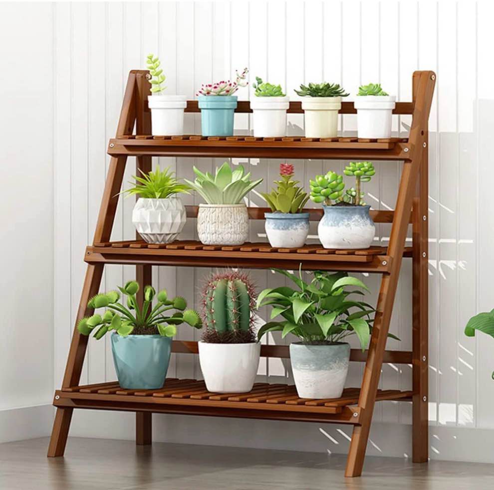 3-shelf flower stand plant display for indoors and outdoors, foldable plant stand, portable flower display rack for garden, bamboo,brown
