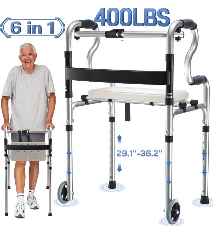 reloive 3-in-1 folding rolling walker with 5" wheels | adjustable height (29.1"-36.2") for seniors & adults | lightweight foldable walker | supports up to 400 lbs