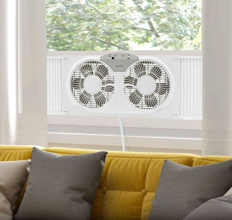 holmes 9  twin-blade digital window fan  reversible airflow  3 speeds  remote control  white