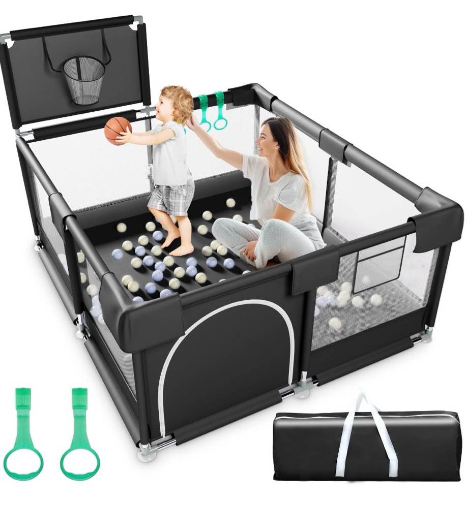 babyeap baby playpen, play yard, toddlers playards, 50"x50" infant travel fence with basket, black