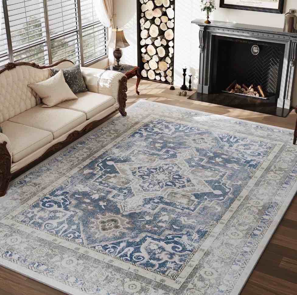 sixhome 3'x5' area rug washable retro living room bedroom kitchen carpet vintage soft medallion distressed indoor rug blue and cream