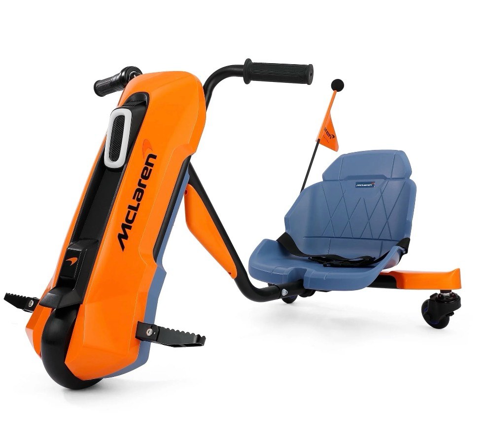 mclaren licensed 24v ride on toys,drift kart for kids, 6.5 mph max,360° spin electric go kart for kids, 3 adjustable seat, music, bluetooth,orange