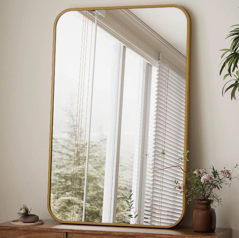 beautypeak 24"x36" wall mirror rounded corners hanging vanity mirror gold